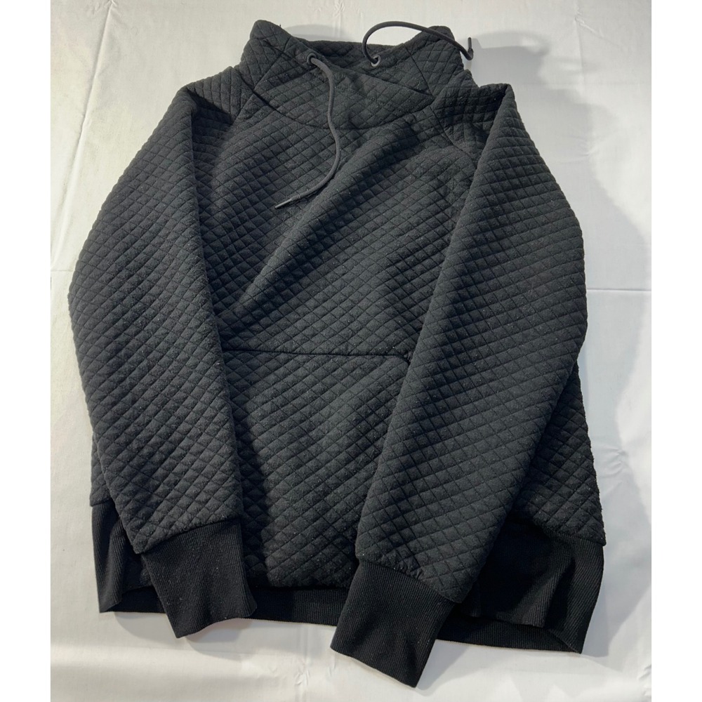 GreenTea Black Quilted Pullover Hoodie Funnel Neck Thumbhole Cuffs Womens Medium